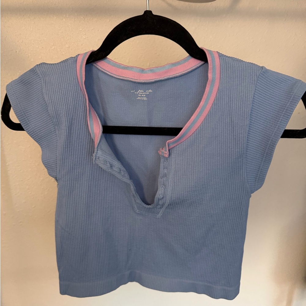 Urban Outfitters Light Blue Ribbed Crop Top with Pink Trim